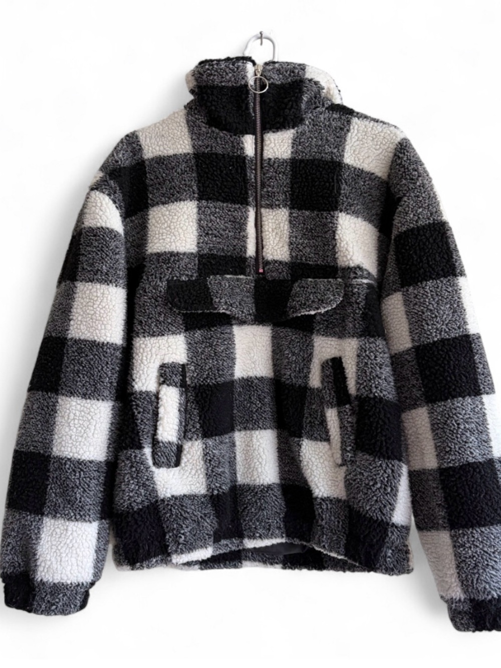 1/4 Zip Checkered Teddy Fleece Jacket High Pile Sherpa Black Cream - NEW | XL